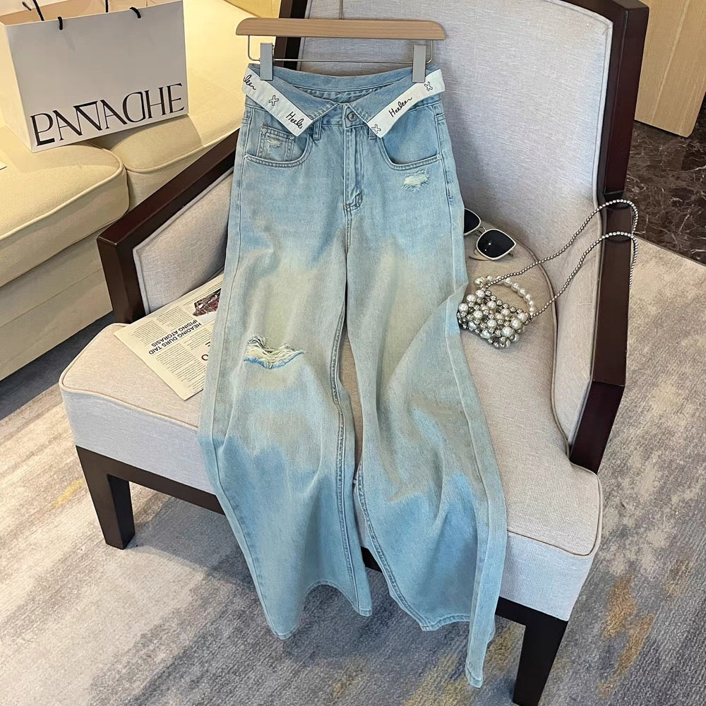Designed Korean style cuffed jeans for women summer new high-waisted loose straight pants retro ins slim trousers