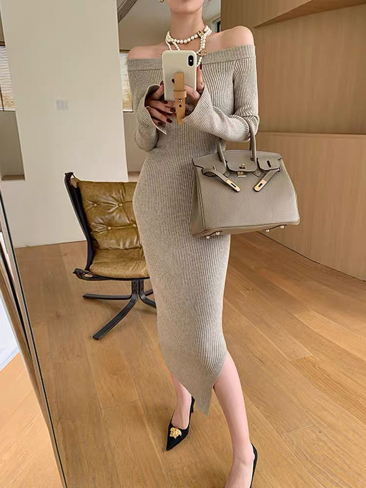 WANGXO long-sleeved one-shoulder knitted dress for women autumn 2023 new slim fit bottoming hip skirt (B1713)
