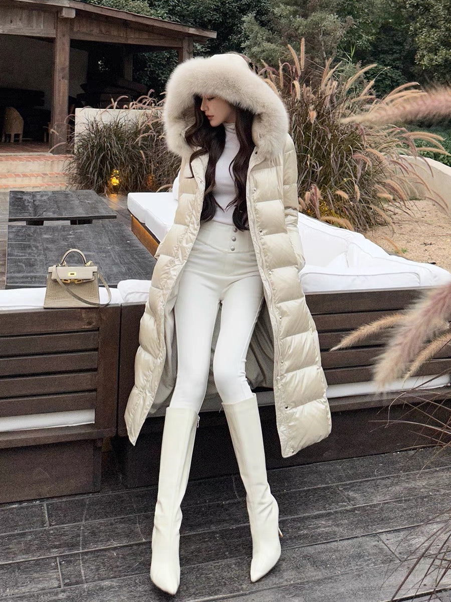 Shanxi said that champagne color large 90 white duck down long warm down jacket women's winter hooded high-end temperament coat (B1314)
