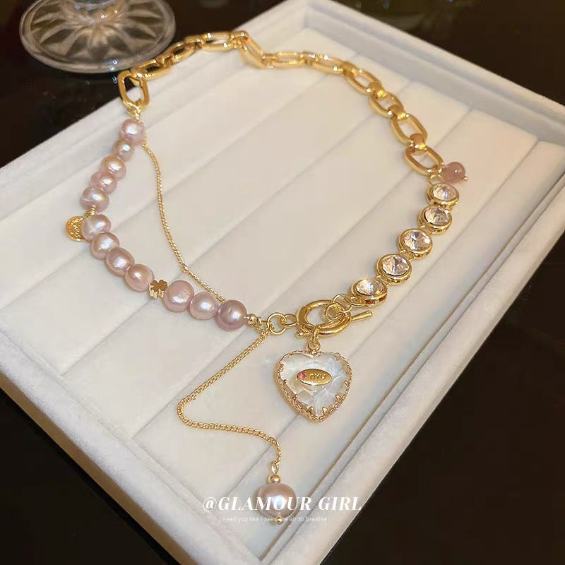 Freshwater Pearl Diamond Chain Love Tassel T-Buckle Necklace Design Temperament Clavicle Chain Sweet Necklace for Women