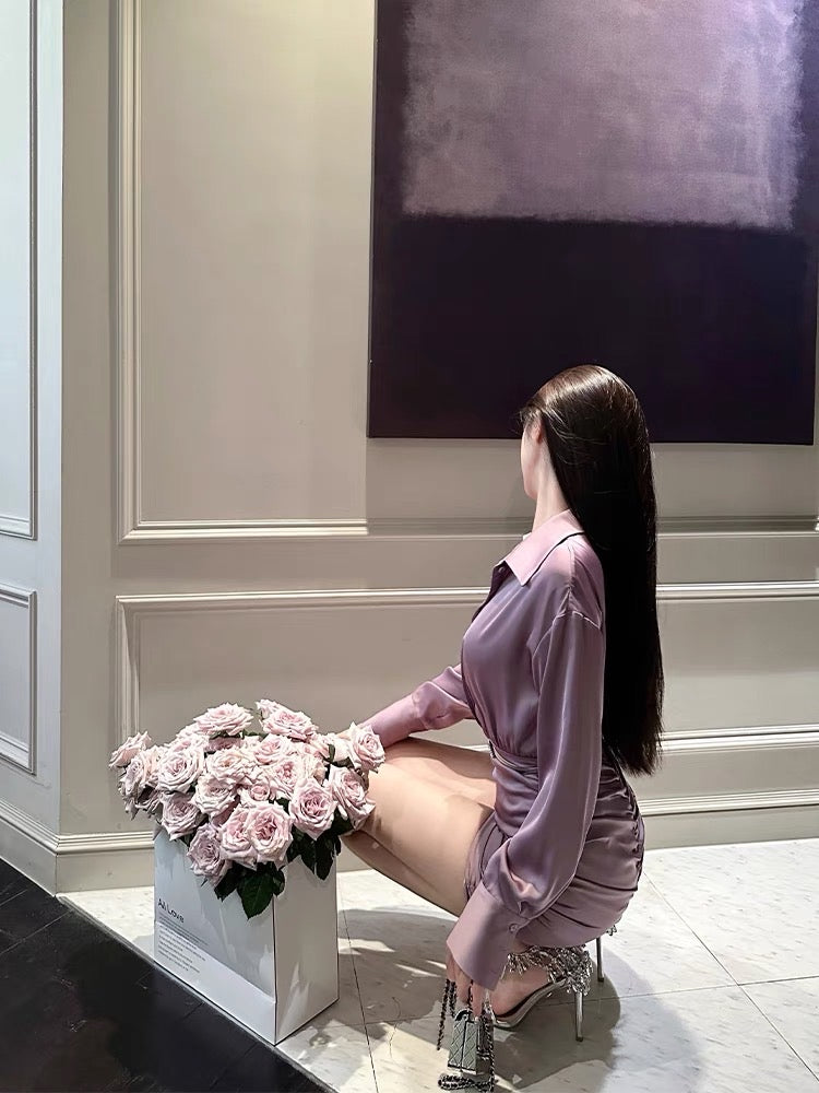 For Fay light purple satin pleated hip-hugging slim shirt dress high-end design temperament waist dress