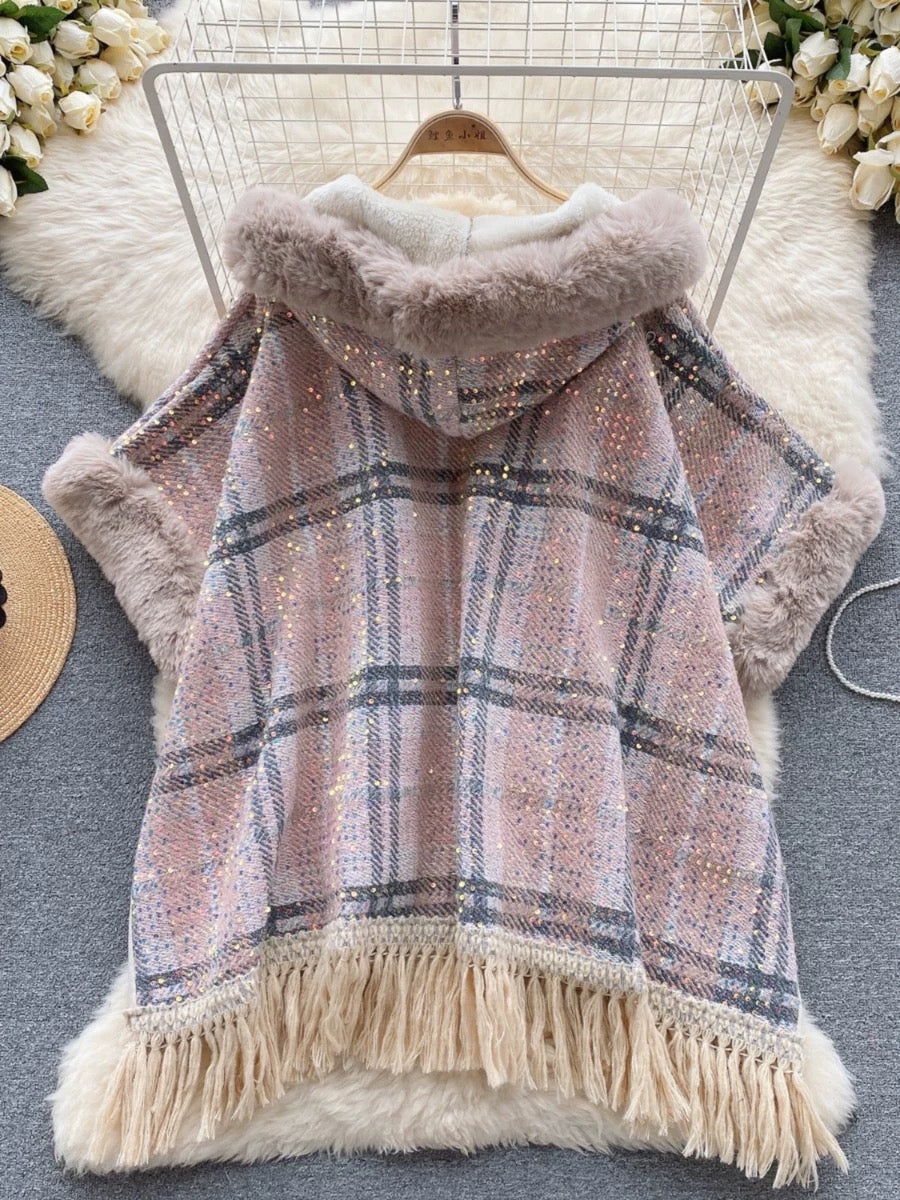 Internet celebrity cape coat for women 2023 new popular winter hooded plaid mid-length velvet thickened shawl coat