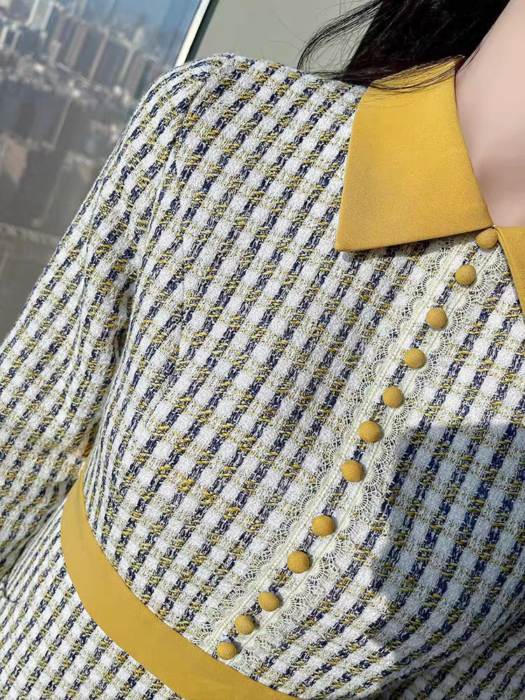 2022 New Spring Dress Women's Polo Collar Contrast Color Stitching Small Waist Slimming Modern Style Skirt (B1411)