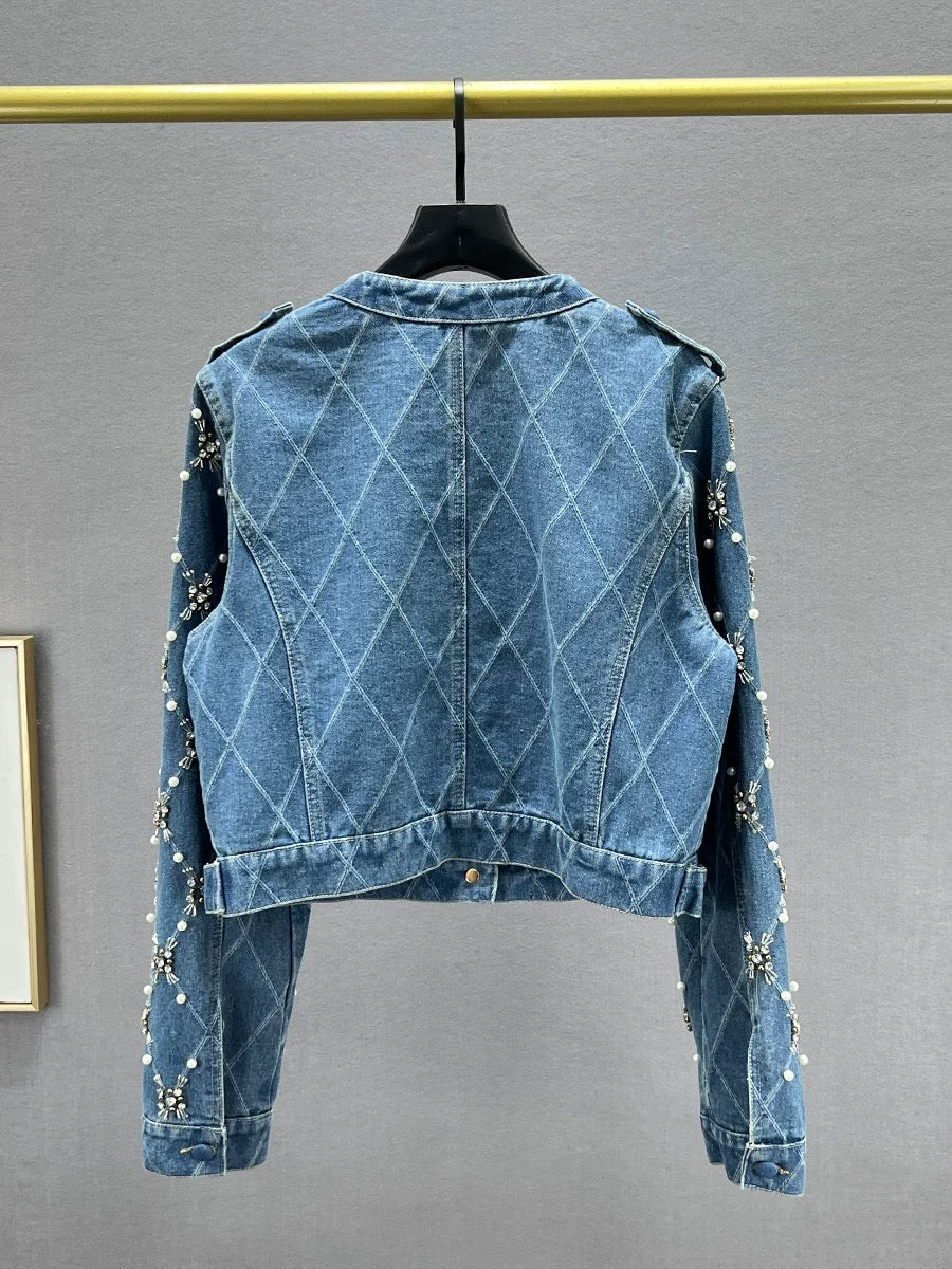 Heavy beaded diamond denim jacket for women 2024 new spring small size slim fit European jacket