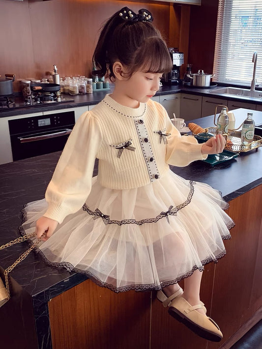 Girls' skirts new spring style fashionable style sweater princess mesh skirt two-piece spring and autumn little girl suit
