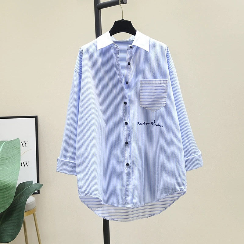 Light blue splicing striped shirt women 2024 spring and autumn new lazy style loose casual mid-length shirt top