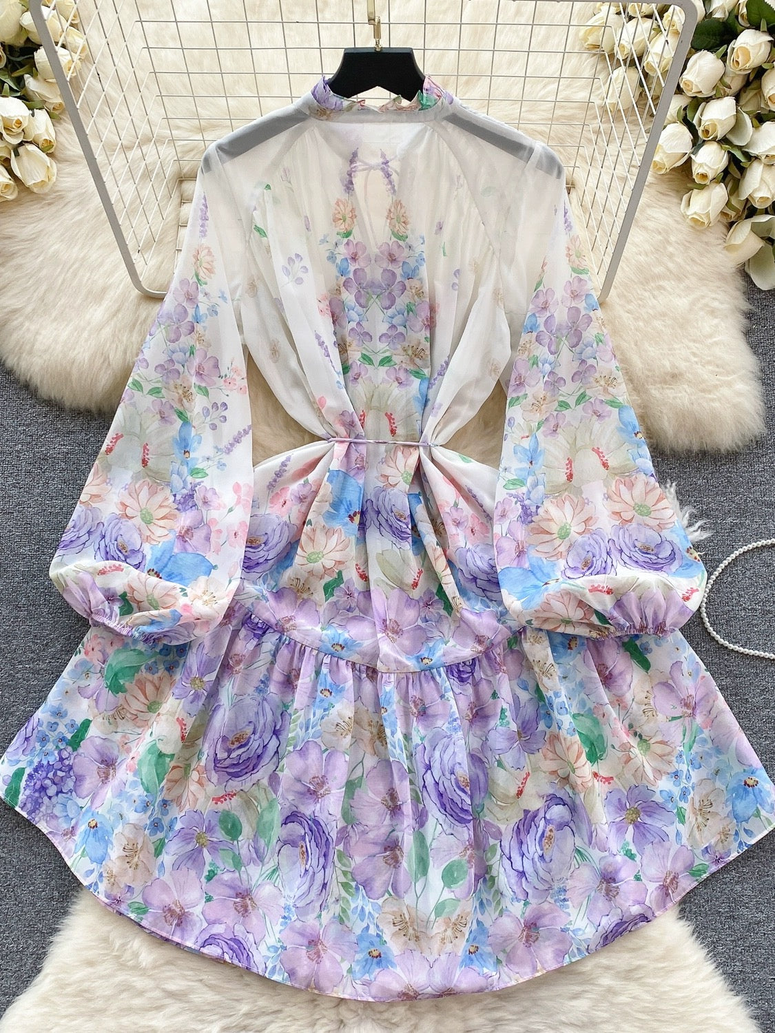 French dress spring women's sweet fungus collar buttoned slim short printed age-reducing puff sleeve holiday dress