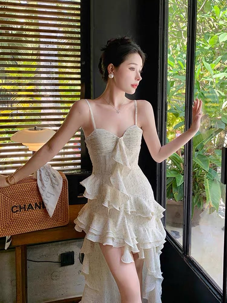Beautiful irregular ruffles sexy floral sling dress female summer seaside vacation waist long skirt fairy air