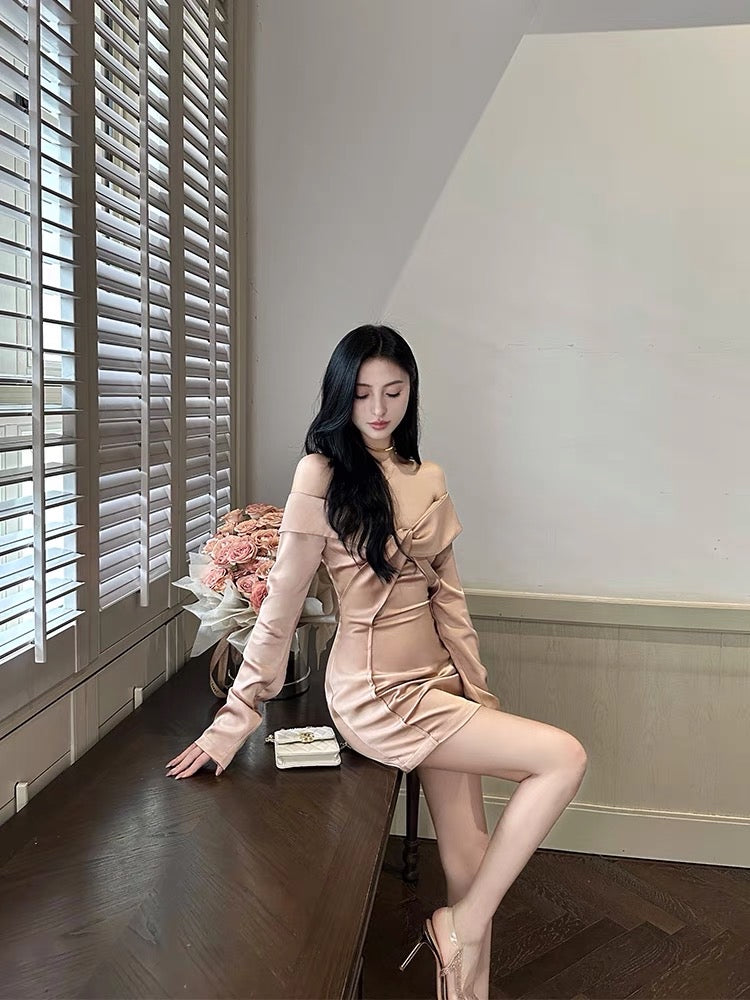 For Fay champagne one-shoulder elegant knot design slim dress light luxury high-end skirt