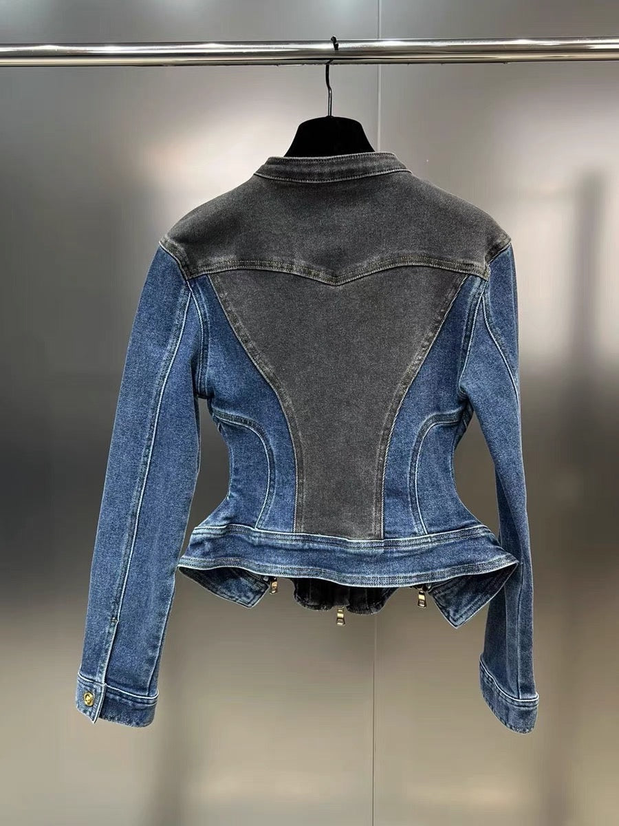 Yuzu MM2023 autumn round neck long-sleeved pocket splicing multi-zipper waist ruffled denim jacket with color contrast