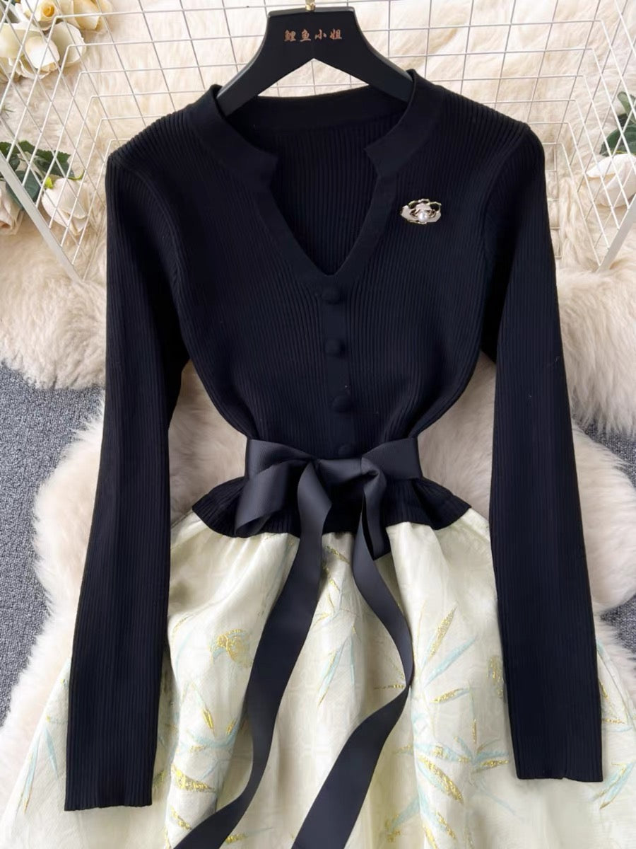 French high-end Hepburn style light luxury dress for women autumn and winter knitted splicing jacquard fluffy dress (D0998)