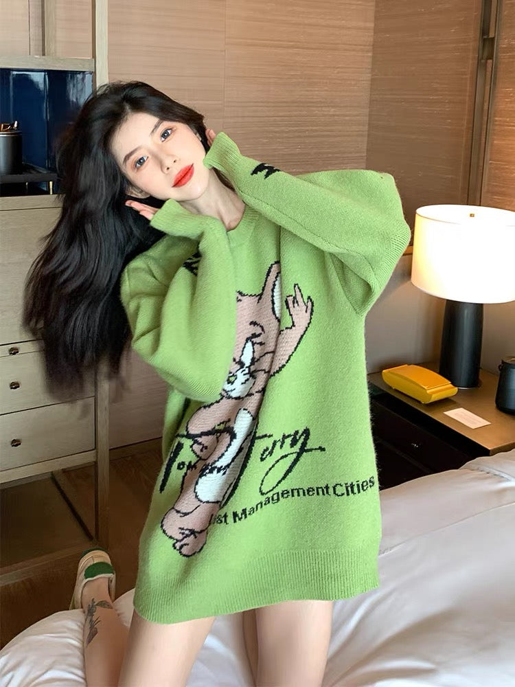 Mustard green soft waxy cartoon sweater for women loose Korean style autumn and winter top outer wear versatile soft waxy sweater mid-length T2377