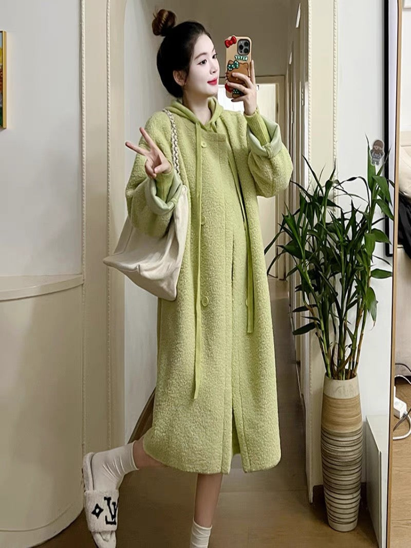 Maternity Winter Suit 2023 New Hooded Sweater Skirt Thickened Lamb Wool Jacket Dopamine Outfit Two-piece Set (D7773)