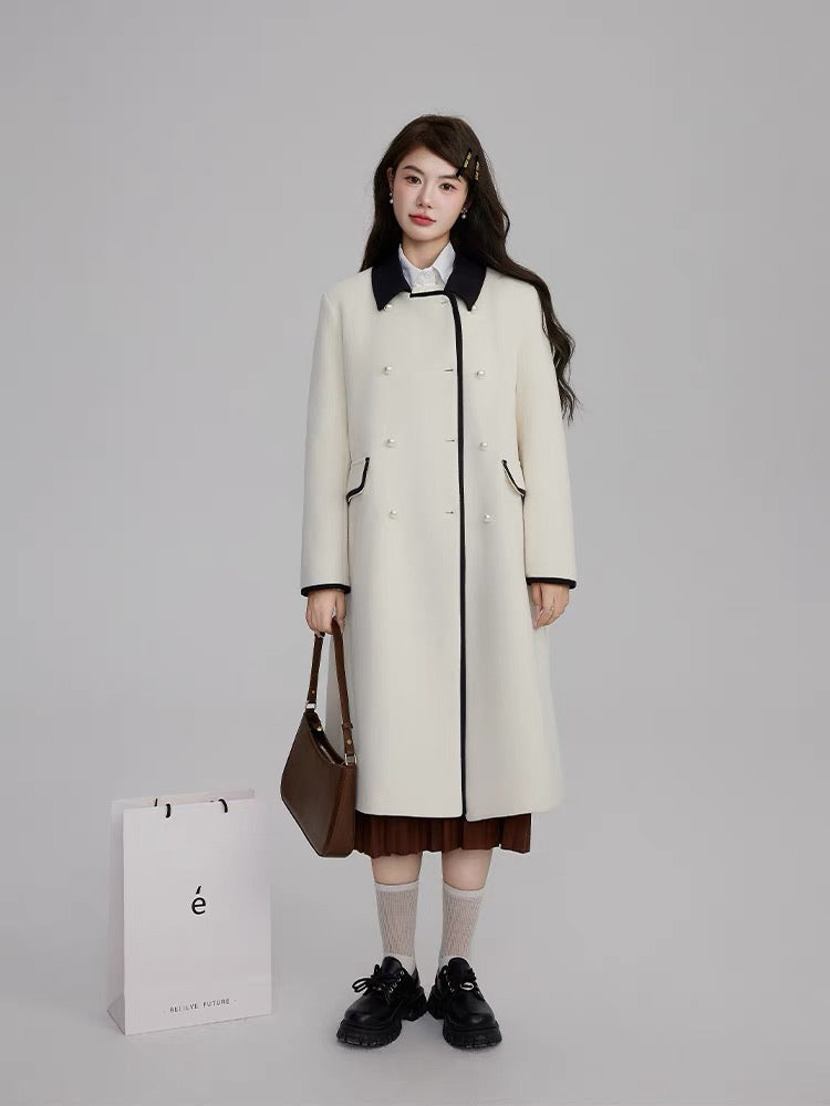 Volstagg white woolen coat for women autumn and winter Korean waist style high-end mid-length woolen coat