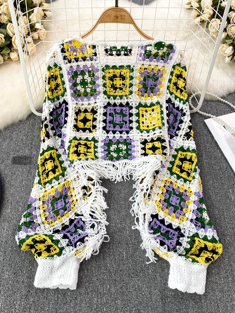 Fashion Lantern Long Sleeve Round Neck Contrast Color Hollow Tassel Short Knit Cardigan Cardigan Women's Casual Seaside Vacation Top