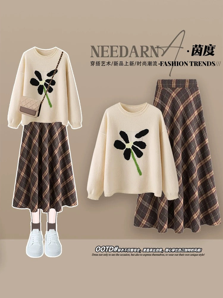 A complete set of Maillard outfits for deep winter wear, a knitted sweater suit, a high-end French plaid dress