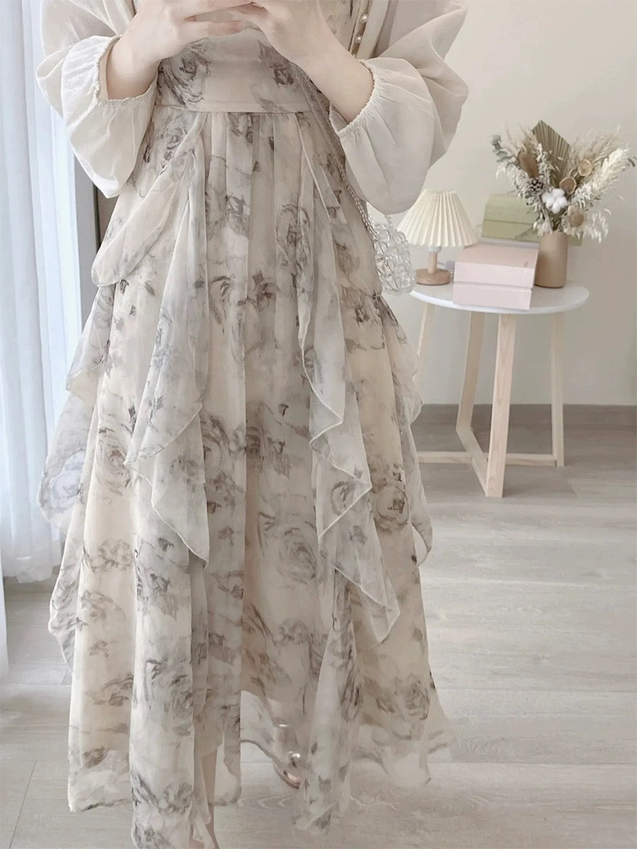 Skirt Women's Summer French Ink Floral Suspender Dress High-Quality Seaside Resort Style Beach Long Skirt