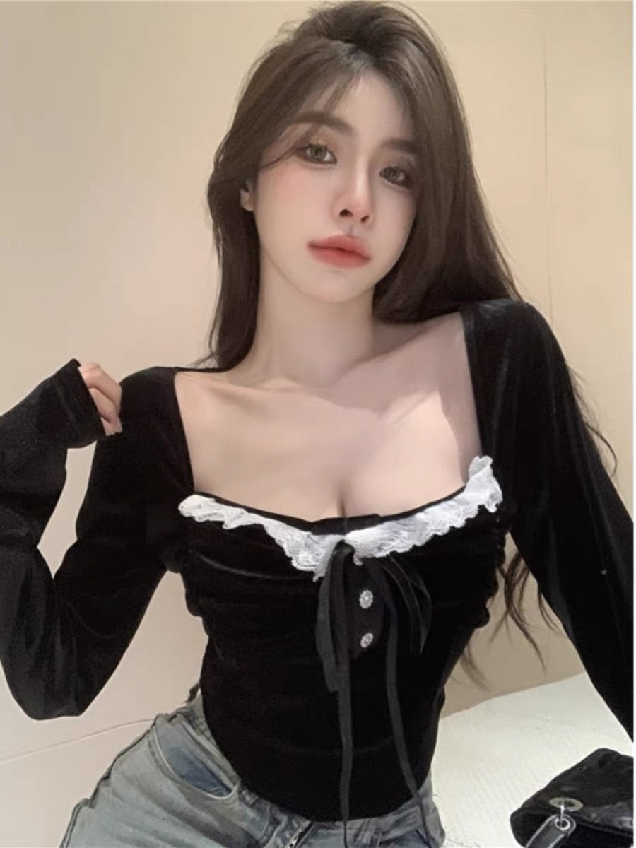 Sexy black velvet lace spliced fungus shirt for women in autumn and winter hottie strappy square collar bottoming long-sleeved top