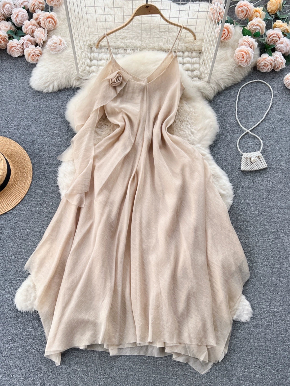 French sweet sleeveless suspender dress for women 2023 new slim temperament and high-end three-dimensional floral chiffon long skirt