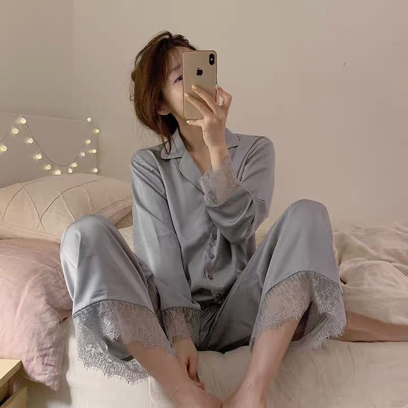 Pajamas for women spring and autumn new ice silk retro princess style long-sleeved summer thin style Internet celebrity sweet home wear two-piece suit
