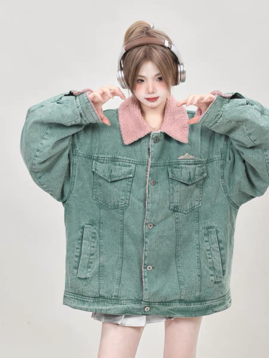 Winter American loose niche design green denim cotton jacket for women 2023 new thickened lamb wool cotton jacket A3342