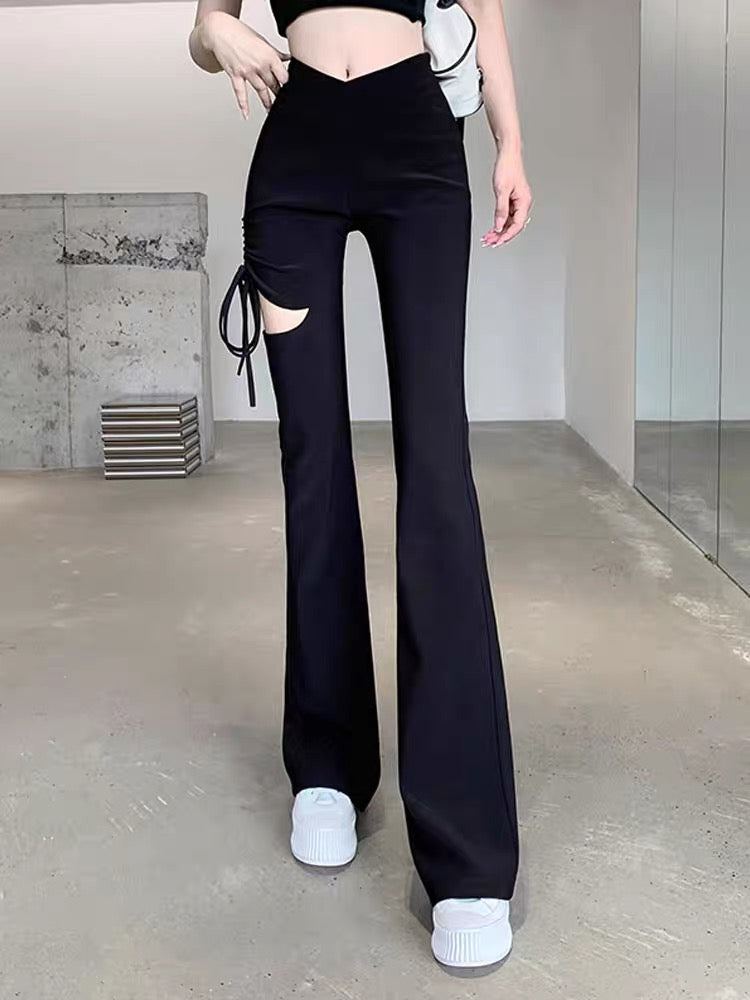Design niche ripped casual pants for women in autumn new drawstring high waist slim fit flared floor mopping pants (B3911)