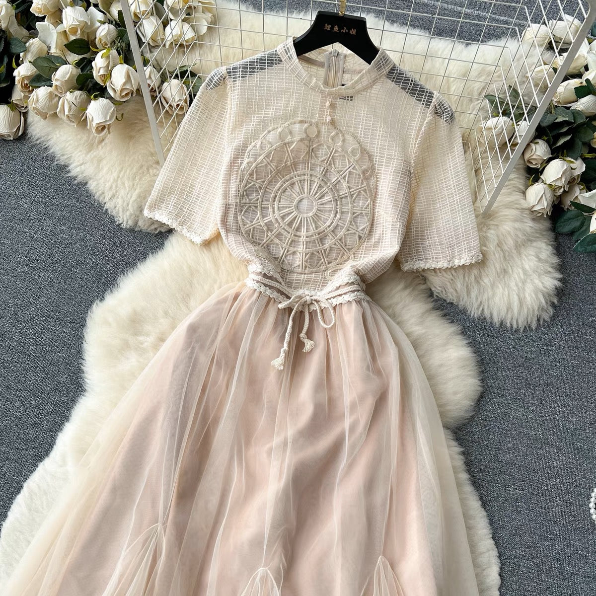 Summer new niche design lady style lace hollow embroidery dress women's lace-up splicing mesh skirt trendy