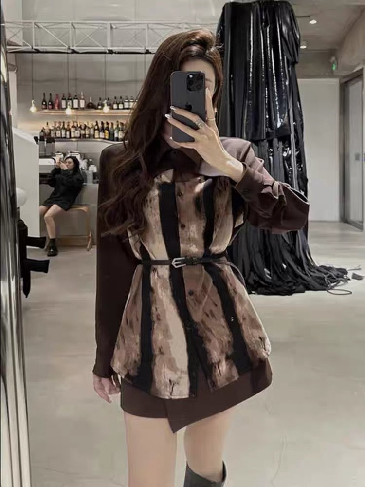 Royal sister style suit for women 2023 new autumn design tie-dye patchwork shirt + irregular skirt