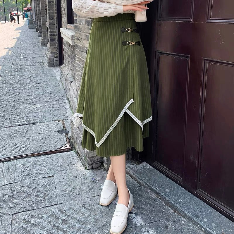 Autumn and winter striped skirt for women 2023 new style irregular high-waist slim umbrella skirt mid-length a-line hip-hugging long skirt
