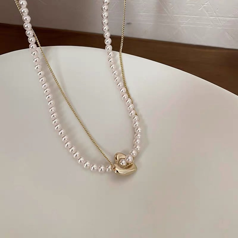 Real gold electroplating love pearl necklace French retro sweet double clavicle chain net red all-match temperament necklace female