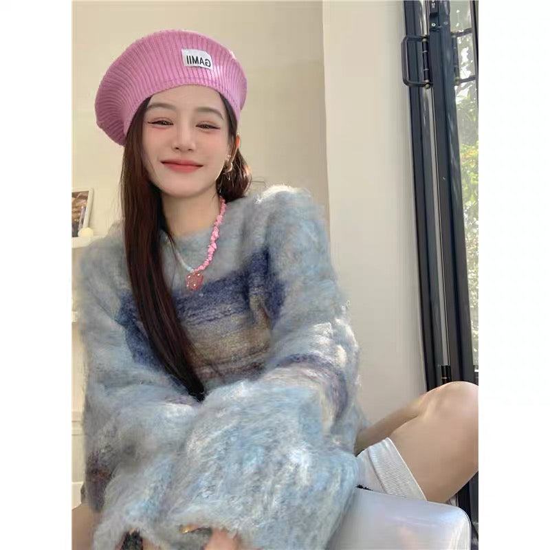 Atmospheric Mixed Color Round Neck Knitted Sweater Women's Autumn and Winter 2023 New Mid-Length Loose Lazy Style Niche Top A2241