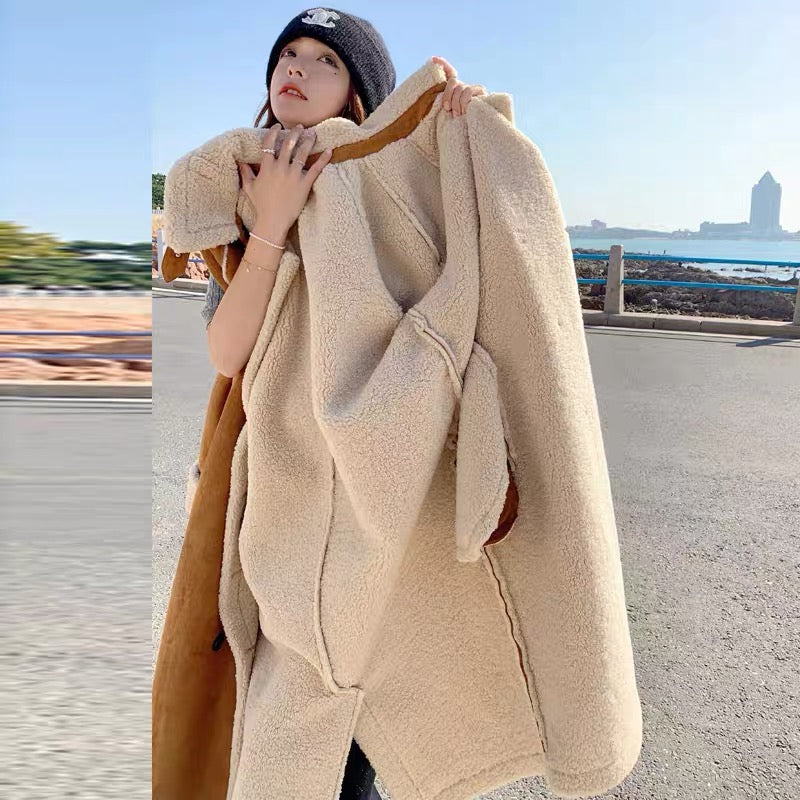 2023 new design niche cotton coat mid-length winter cotton coat fur integrated lamb wool thickened coat for women