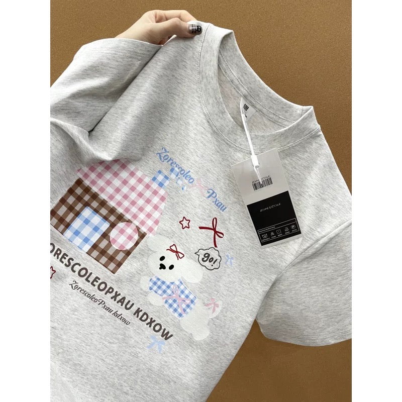 American style ins three bears printed cotton short-sleeved T-shirt men and women summer heavyweight all-match loose couple tops