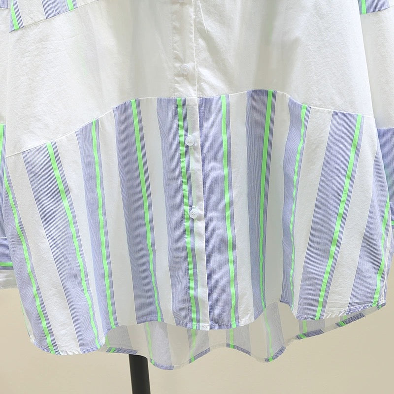 Design sense splicing striped shirt women 2024 spring new loose casual large size shirt comfortable versatile top