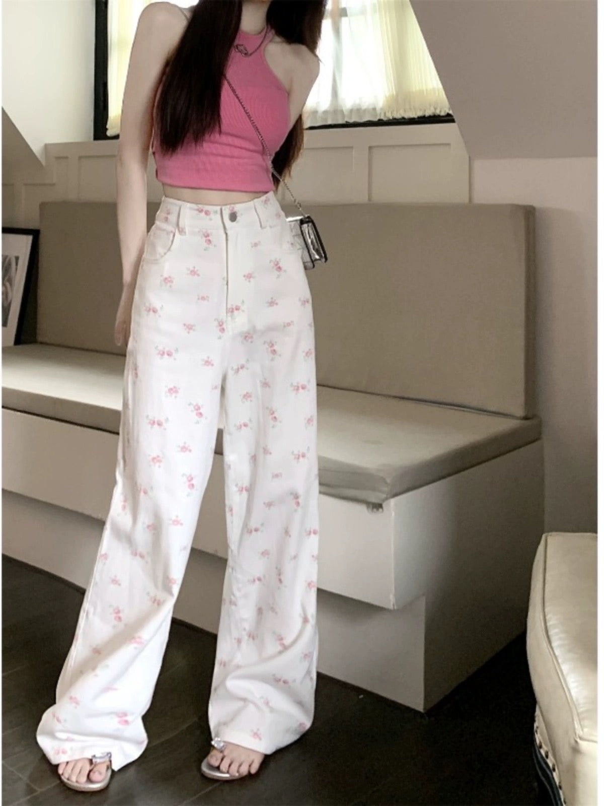 kumikumi white floral suit pants and jeans for women in spring high waist slim wide leg pants straight pants long pants