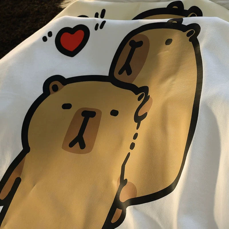 Jwneed Co-branded cartoon trendy brand short-sleeved T-shirt dopamine women's new summer couple wear pure cotton sweet neutral style top