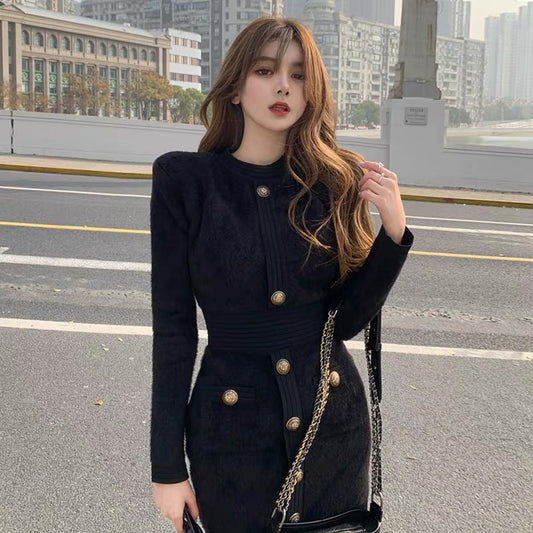 2023 autumn and winter Hepburn style French high-end socialite temperament slim bottoming mink plush dress