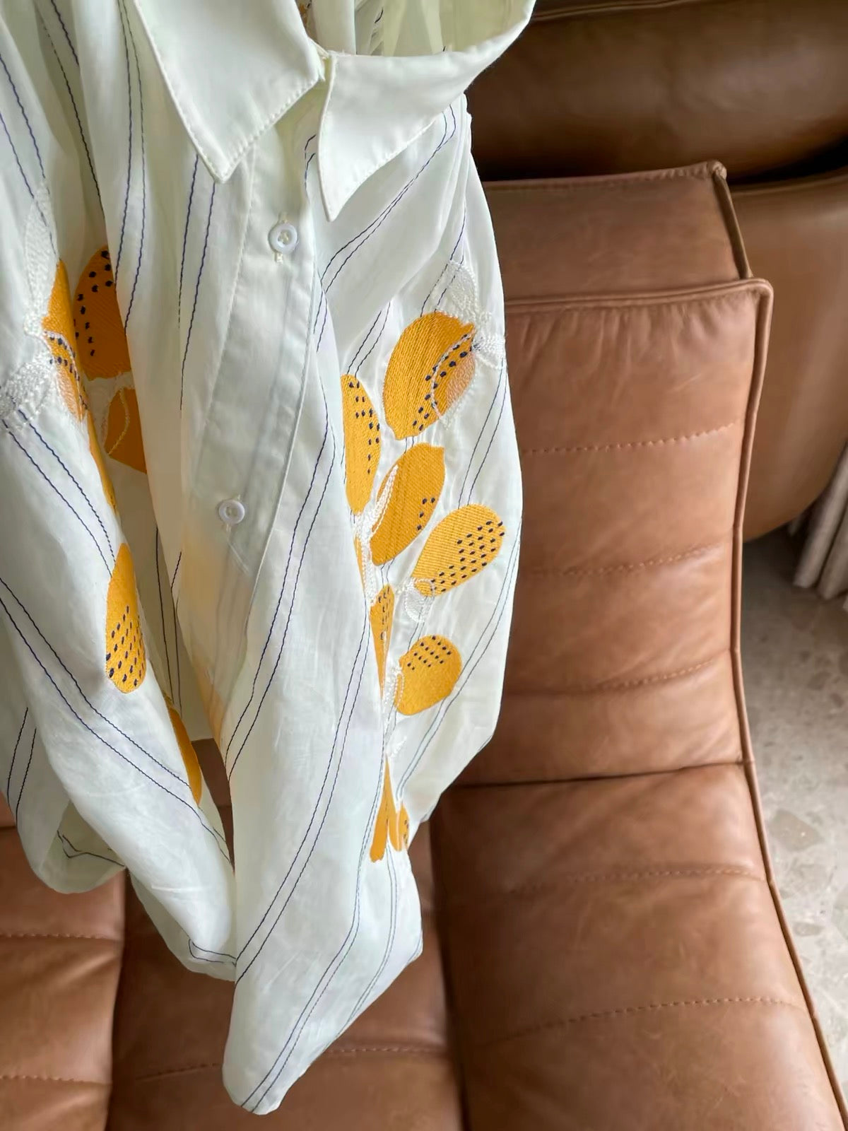 Women's Summer Long-Sleeve Shirt: Loose, Versatile, Lightweight Striped Sun-Protection Top with Lemon-Pattern Embroidery and Jacquard Texture