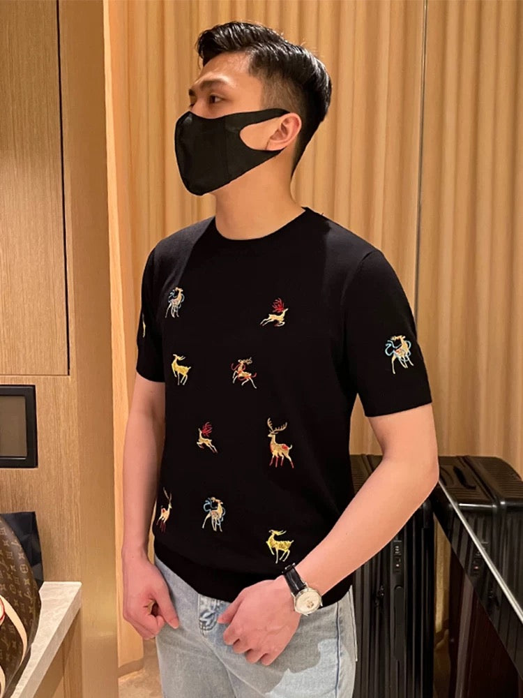 Yomobrother fashion colorful deer embroidery men's T-shirt summer new slim knitted short sleeve 2024 new men
