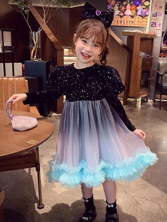 Girls Dress Autumn 2023 New Style Children's Mesh Princess Dress Little Girl Puff Sleeve Dress Skirt