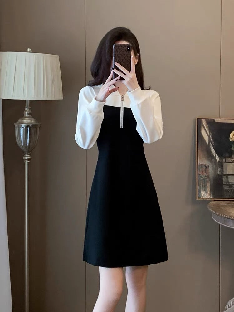 Fashionable, casual and western style contrasting color splicing dress 2023 autumn and winter women's waist slimming skirt high-end D6690