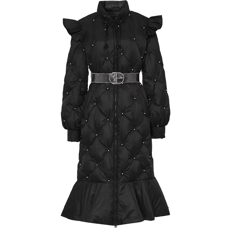 2023 winter new temperament new Chinese style stand collar lantern sleeves beaded mid-length black fishtail down jacket