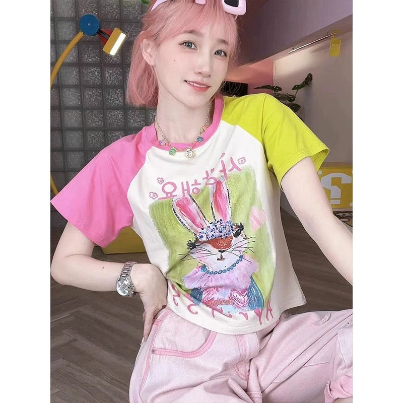 Dopamine wear contrast color rabbit raglan sleeve short-sleeved T-shirt female summer pure cotton hot girl slim high waist short top