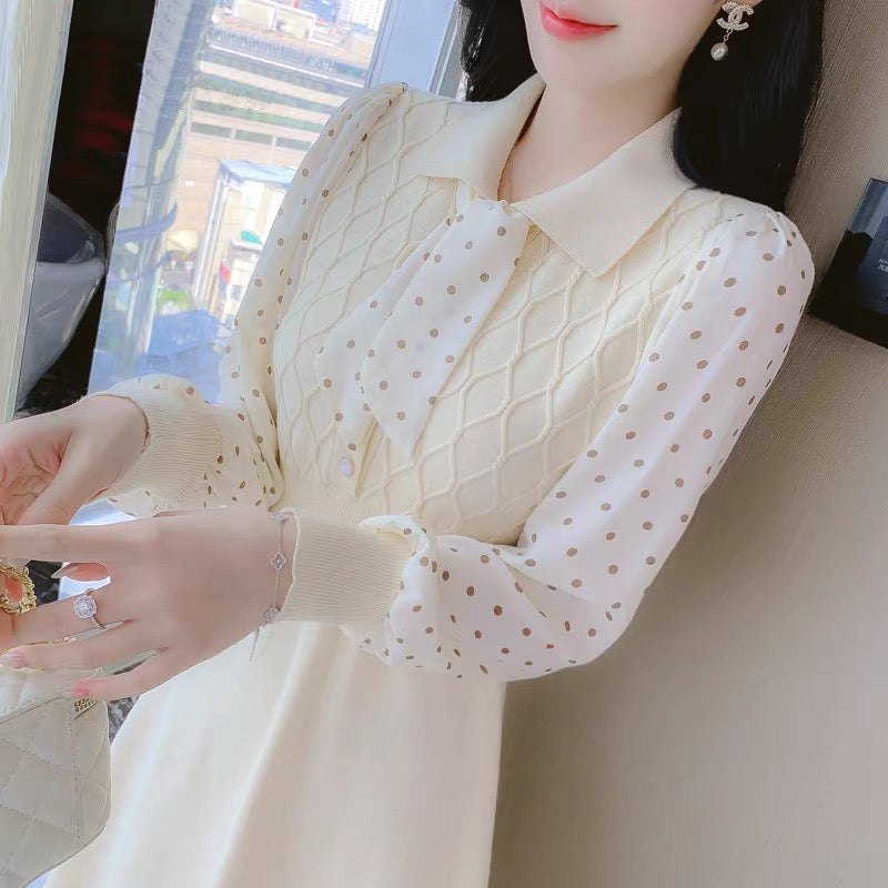lolita early spring long-sleeved knitted dress for women 2023 new style waist slimming temperament with coat base skirt