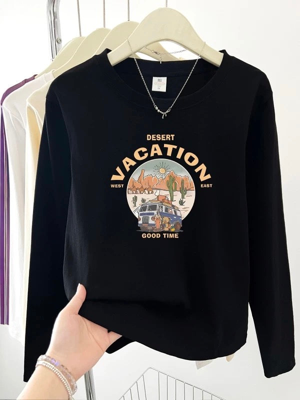 2025 Early Autumn New Style Bottoming Shirt Western Style Straight Shoulder Women's Long Sleeve T-shirt Round Neck College Style Letter Printed Top