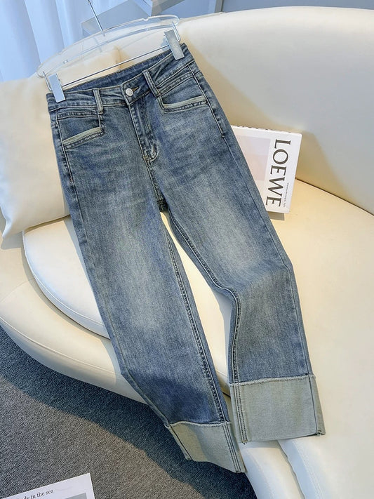 Small Stitched High Waist Straight Jeans Women's Summer Thin 2024 Spring and Autumn New Nine-Point Cigarette Pipe Pants