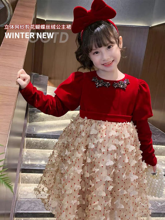 Girls Dresses Spring and Autumn 2023 New Style Children's Velvet Mesh Princess Dresses Little Girls Velvet New Year Dresses