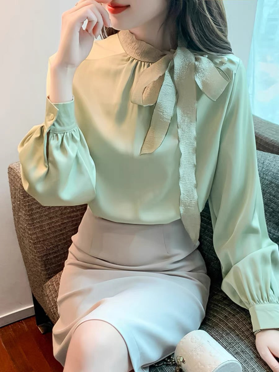French stand-up collar bow tie shirt, feminine high-end shirt, versatile loose long-sleeved chiffon top for autumn (B2317)