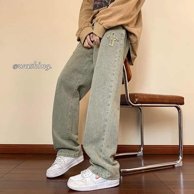 European and American high street vibe pants men's niche design sense American style yellow mud dyed jeans embroidery micro-launched straight-leg pants tide