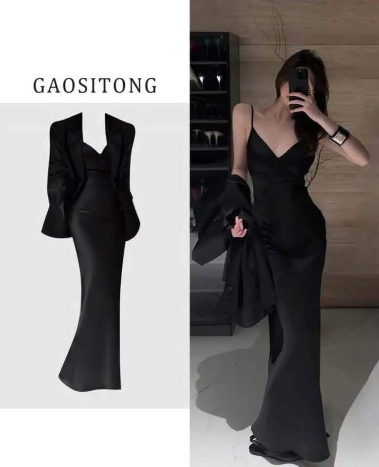 GAOSITONG Women's Spring 2025 Set: Sophisticated French-style satin blazer and open-back camisole dress—chic, empowered aesthetic.